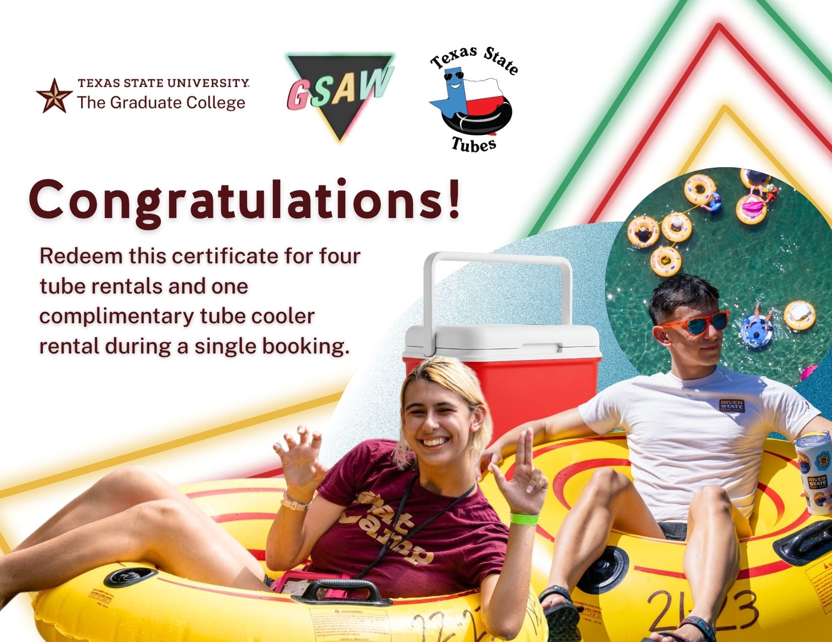 a scan of a gift certificate informing winners that they've won a free tube rental with two college students riding inner tubes